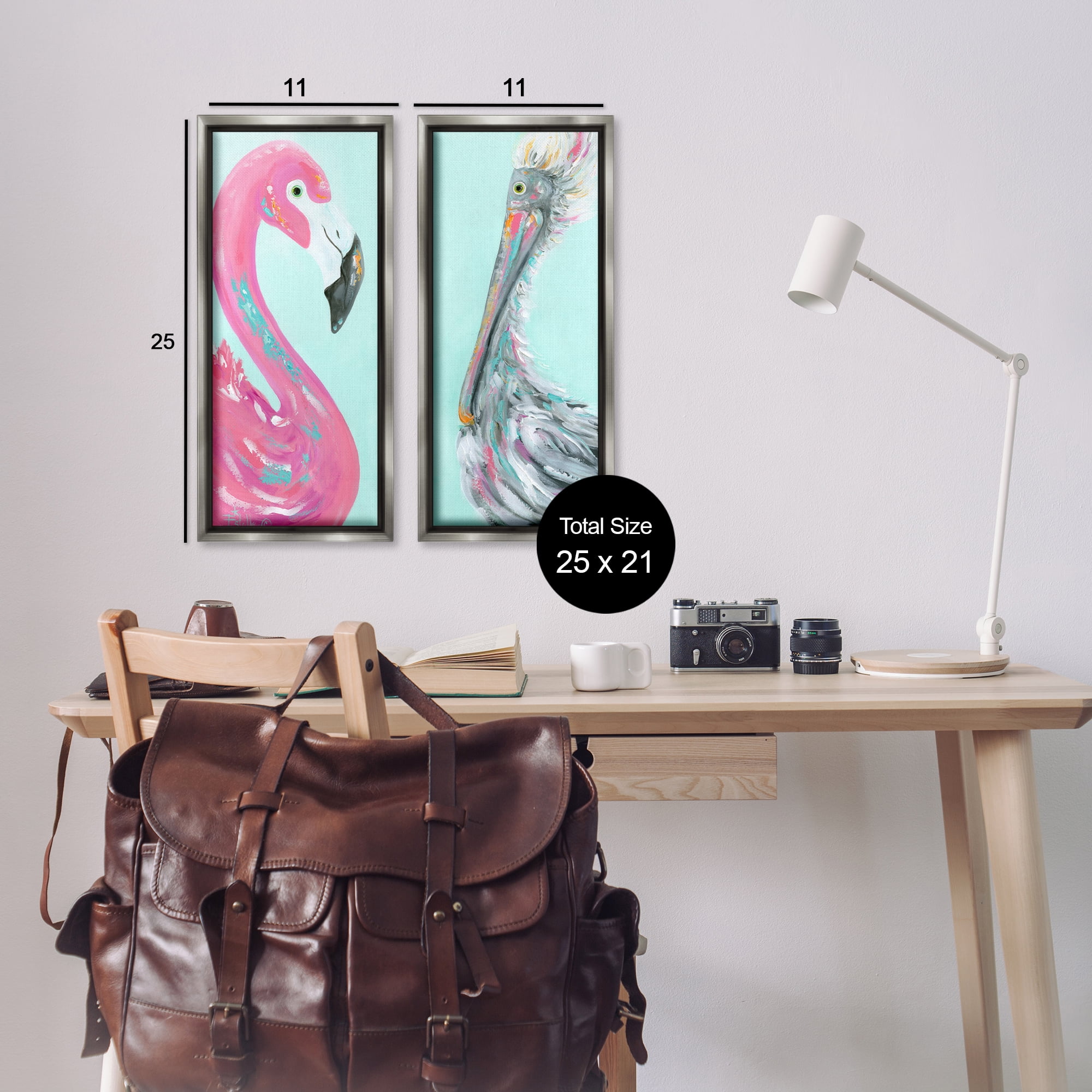 Stupell Industries Odd Flamingo Pelican Profile Animals Painting Gray Floater Framed Canvas Art Print Wall Art, 11 x 25, Set of 2
