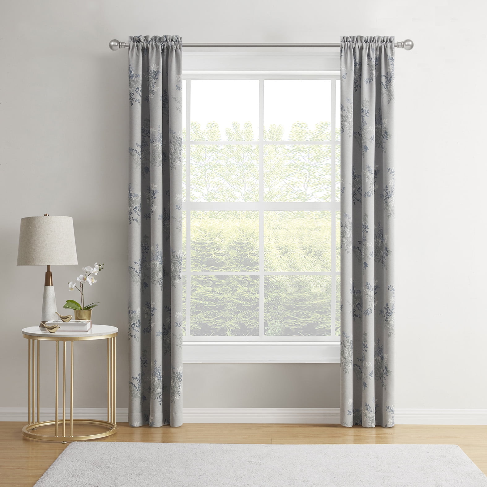 Mainstays Blackout Curtain Panel Pair, Set of 2, Botanical Print Gray, 30"W x 84"L