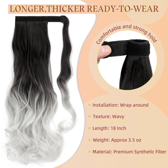 WEIF-18" Ponytail Extension Curly Wavy Clip in Hairpiece Wrap Around Long Pony Tails Hair Extensions Synthetic for Women Black To Silver Grey
