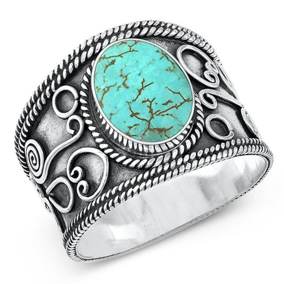 Chunk Bali Heart Simulated Turquoise Promise Ring .925 Sterling Silver Band Blue CZ Female Size 8