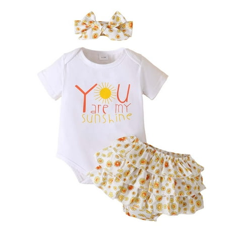 

Kucnuzki 12 Months Baby Girl Summer Outfits Shorts Sets 18 Months Short Sleeve YOU ARE MY SUNSHINE Prints Romper Tops Elastic Daisy Prints Briefs Shorts Headband 3PCS Set White
