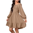 thumbnail image 2 of ITSAME Dress for Girls, Lantern Long Sleeve Backless Square Neck Summer Fashion Casual Ruffled Dress Khaki 8-9T, 2 of 8