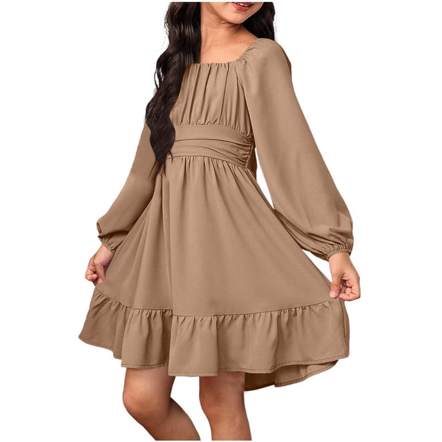 Vestido Largo de Manga Larga de Color Sólido de Moda Y Cómodo para las Niñas con Falda Plisada de Cinturón para Diario, Viajes, Vacaciones, Fiestas de Cumpleaños