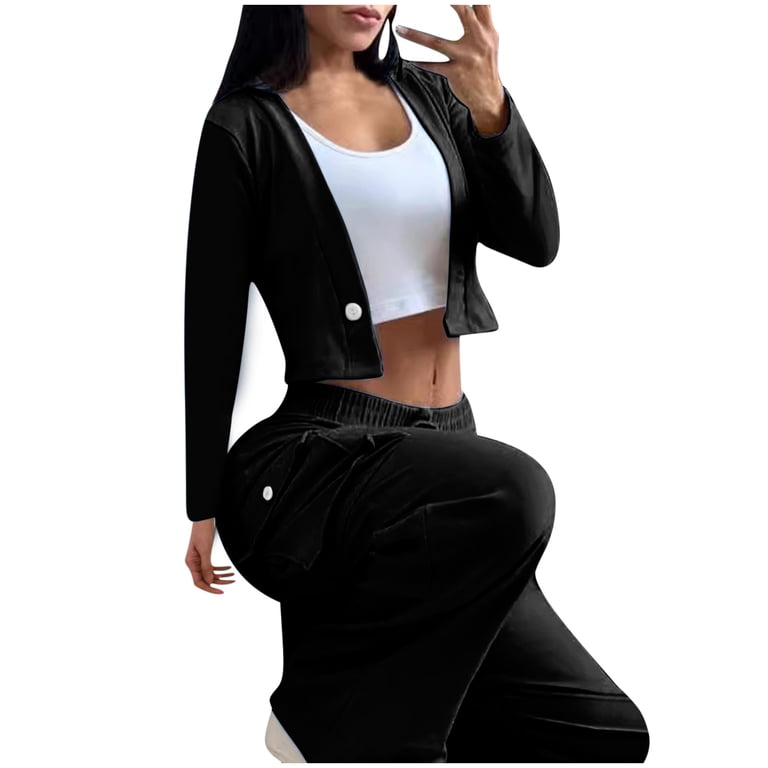 Womens Tracksuit Sets Sexy Cropped Zip Up Jacket Matching Wide Leg