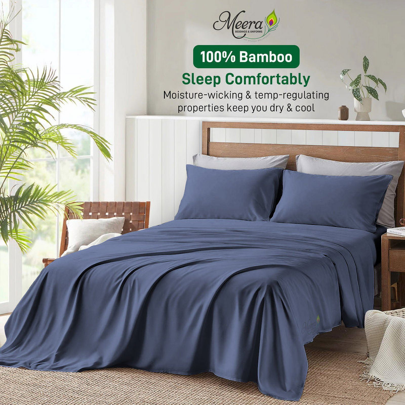 MEERA BEDDING & UNIFORMS Extra Soft Bamboo Bed Sheet 1 flat, 2 pillowcase, Moisture Wicking, Cooling, Breathable-King Size Bed Sheet