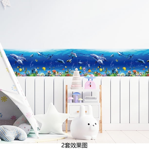 Adhesivos de pared con forma de mundo submarino, delfines y peces, PVC, 25 x 70 cm