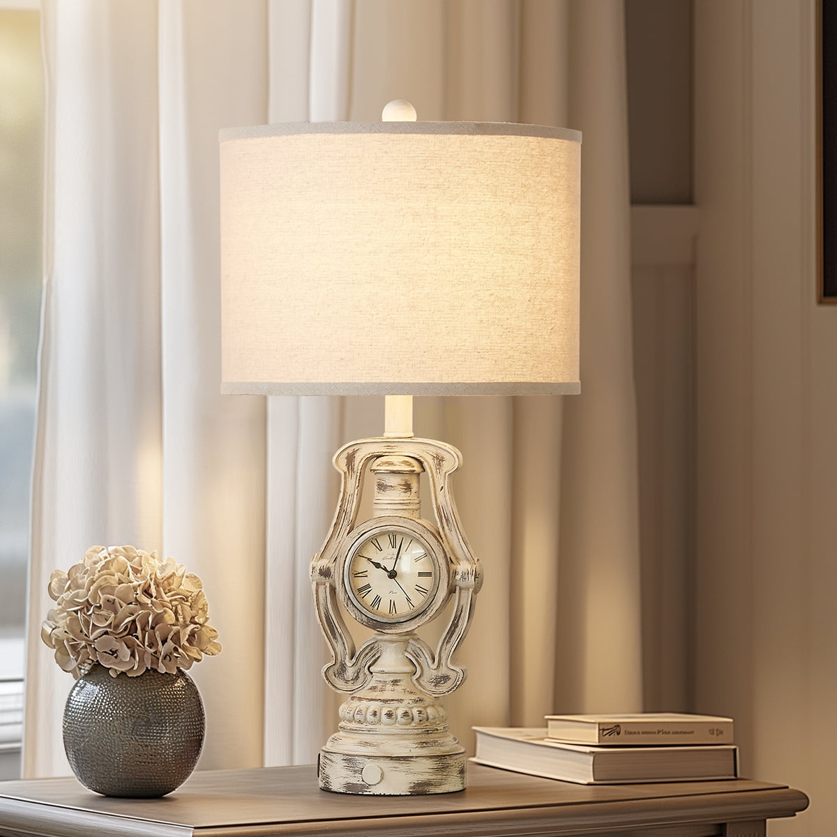 RORIA 25” White Resin Clock Table Lamps Set of 2, Featuring Touch-Controlled Three-Level Dimming and USB-C & A Charging Ports, With a Round Linen Lampshade, Suitable for Living Rooms and Bedrooms
