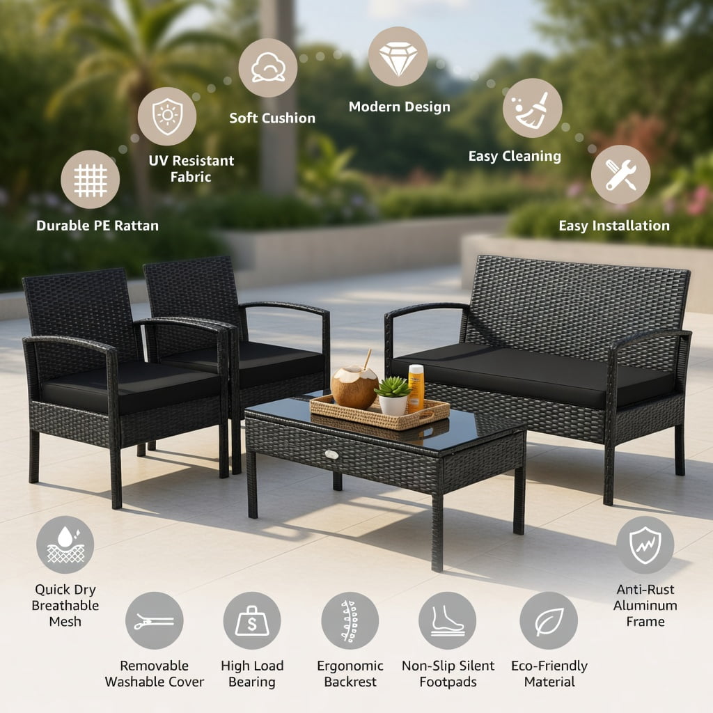 Hommoo 4-Piece Outdoor Rattan Patio Furniture Set with Cushions, PE Wicker Loveseat, Chairs & Coffee Table for Backyard, Balcony, Deck, Black