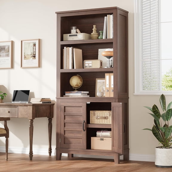 71" Farmhouse Bookcase with Doors, Vintage Bookshelf with Storage Cabinet & Adjustable Shelf, 5 Tier Tall Book Shelf Rustic Bookcase for Living Room Office Library