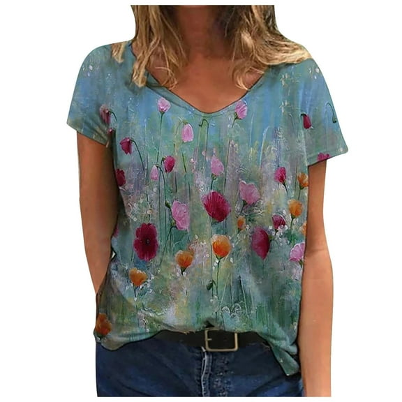 JINMGG Womens Tops under $5 Women's Summer Fashion Casual Printed Short Sleeve V-Neck Pullover Tops Gray L