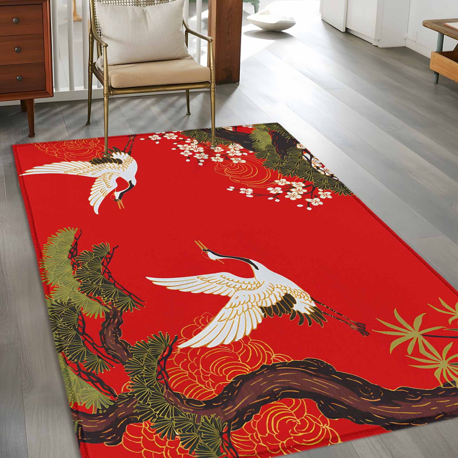 Rectangle Area Rug 4x6ft, Retro Crane Pine Flower on Red Non-Slip Non-Shedding Floor Mat, Asian Chinese Pastoral Scenic Washable Sturdy Carpet for Living Room Bedroom Home Decor
