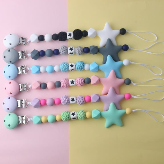 Windfall Pacifier Clip Teething Silicone Beads Binky Holder Teether Clips for Boys Girls Baby Registry Shower Gifts Lovely Star Crochet Beads Silicone Teether Soother