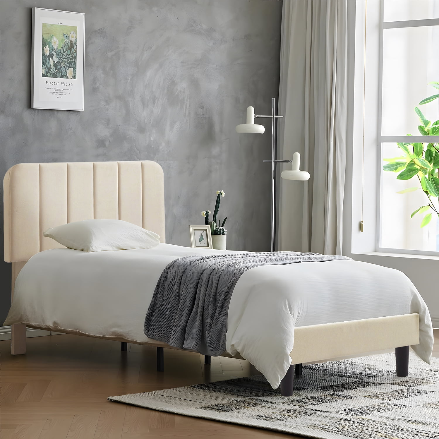 Taomika, Twin Size Upholstered Platform Bed Frame with Adjustable Headboard-Beige