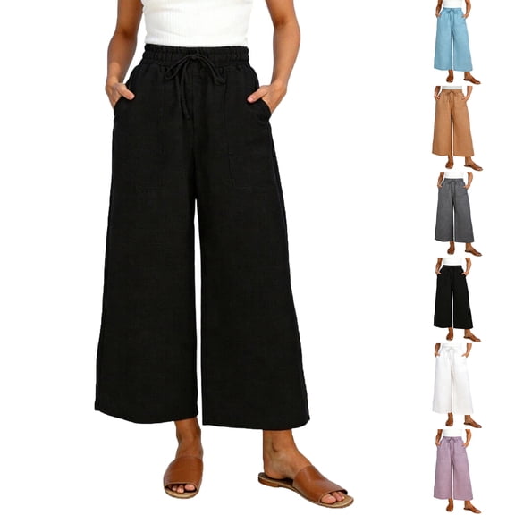 Lenago Pants for Women Solid Color Linen Long Pants Elastic Waistband Pockets Loose Casual Wide-Leg Cropped Women Pants