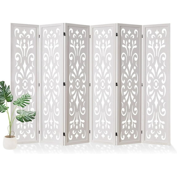 Folding Room Divider, 66.9 Inch Wood Carved Privacy Screens, Free Assembled Freestanding Portable Classical Decorative Partition for Home Office Restaurant Bedroom (6 Panels, White)