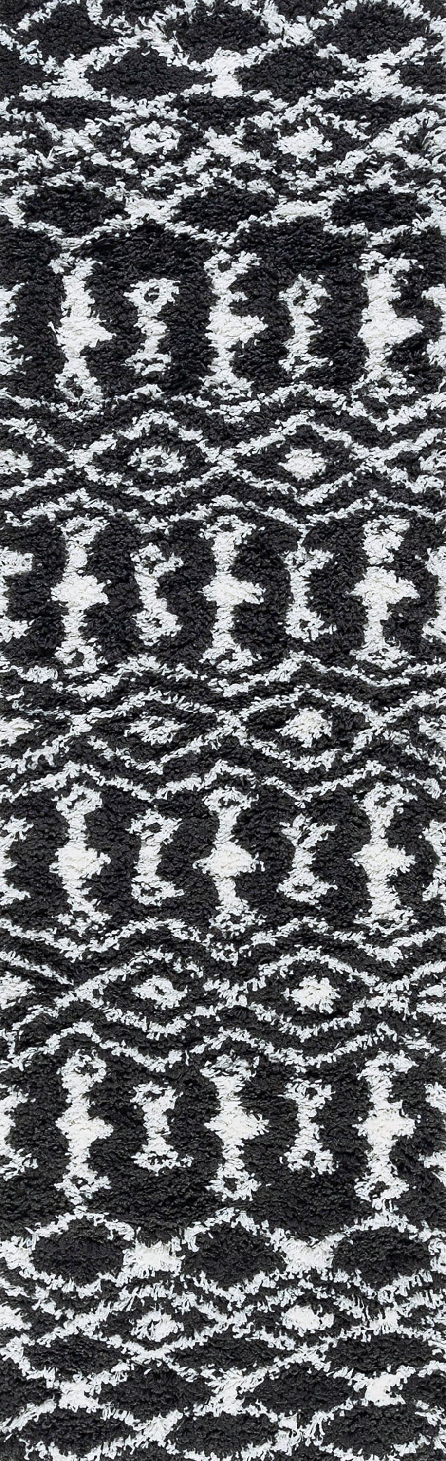 Jersey Shag Contemporary Geometric Dark Gray and White Polypropylene Indoor Runner Rug, 2'x8' Rectangle