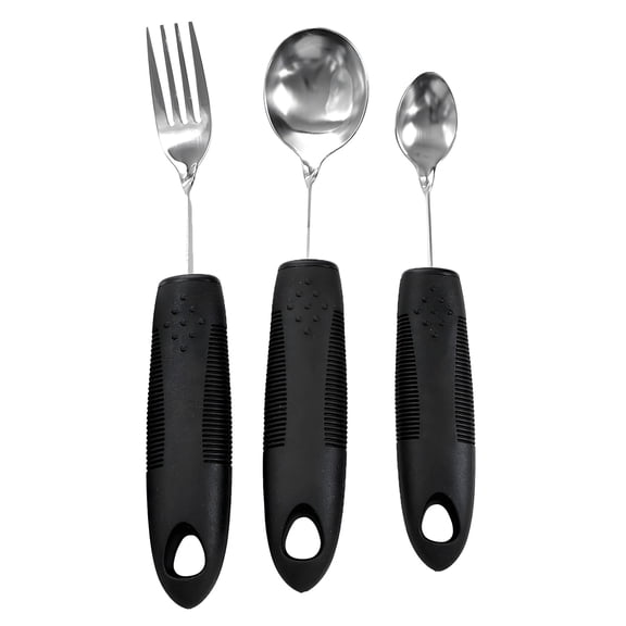 3 Pcs Adaptive Utensils Set, Bendable Anti-Shake Comfort Grip Eating Aids for Elderly, Stainless Steel Weighted Silverware with Black Rubber Plastic Handle, Include Fork, Spoon and Small Spoon