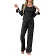 thumbnail image 2 of Pijamas de mujer de manga larga con lazo lateral, botones en la parte delantera, dobladillo con volantes y pantalones de pierna ancha, conjunto de ropa de dormir, color negro, 2 of 6