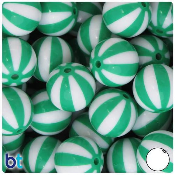 BeadTin Green & White Beach Ball 20mm Round Acrylic Beads (10pcs)