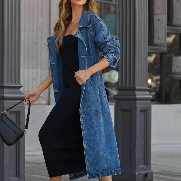 Youmylove Womens Coats Vintage Midi Long Jean Jacket Loose Fit Double Denim  Jacket Trench Coat With Belt Stylish Over Coats - Walmart.com