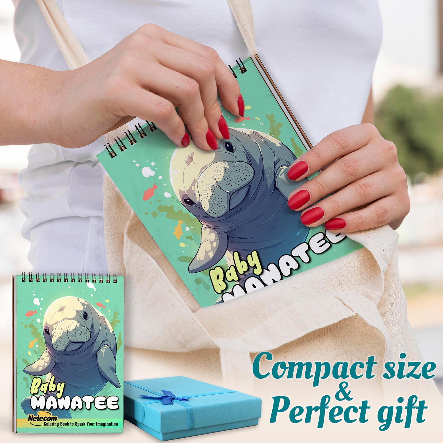 Netecom Baby Manatee Coloring Book for Adults, A5 Wooden Cover, 30 Cute Coloring Pages of Sea Cow for Stress Relief and Relaxation, Spiral Bound Edition