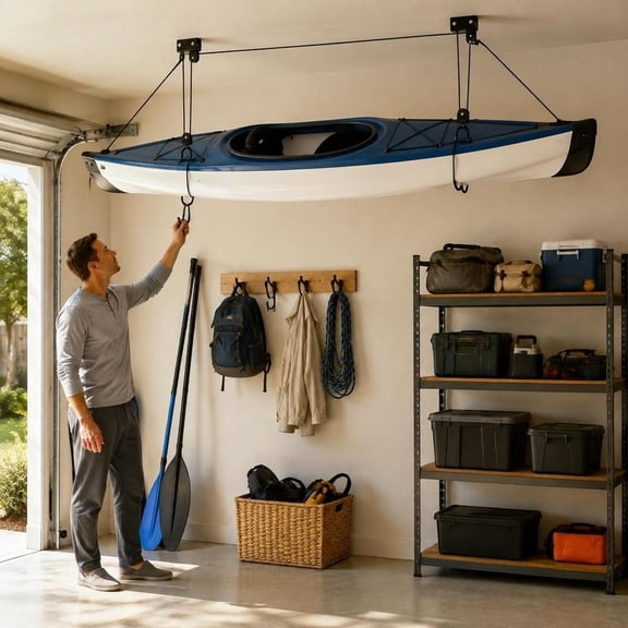 Kayak Hoist, 125 Lb Capacity, Rubber-Coated Hooks, Ceiling Mount for Indoor Garage Kayak Storage