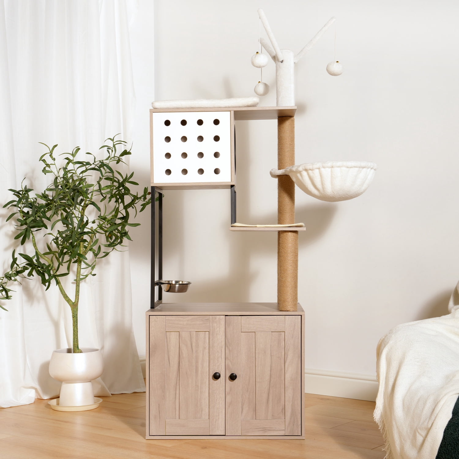Space-Saving Cat Condo with Litter Box Enclosure - 3-Tier Scratching Posts & Feeding Station, Modern Gray Cat Tree with Removable Toys