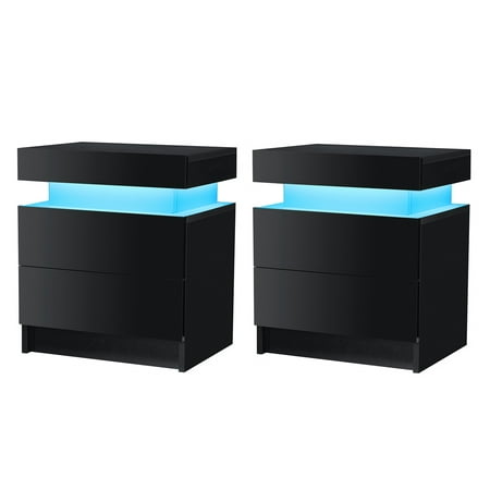 Hommpa High Gloss LED Nightstand Set of 2 Black Bedside Table with 2 Drawers Modern Night Stand with Drawer Side Table Cabinet with Led Night Stands for Bedroom Side Table for Bed Home Furniture