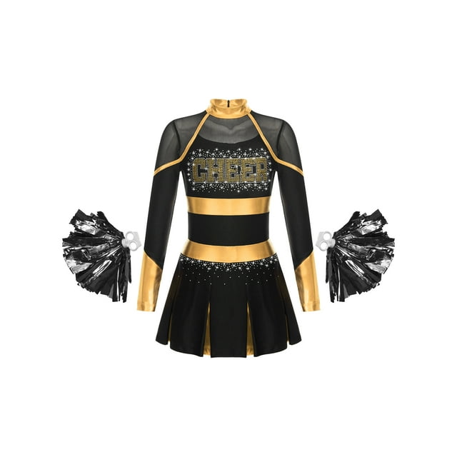 YiZYiF Robe de Danse Cheerleading pour Filles Manches Longues Uniforme de Chef de Cheerleading Costume de Fête Cosplay Halloween avec Pompon Noir&Or 16