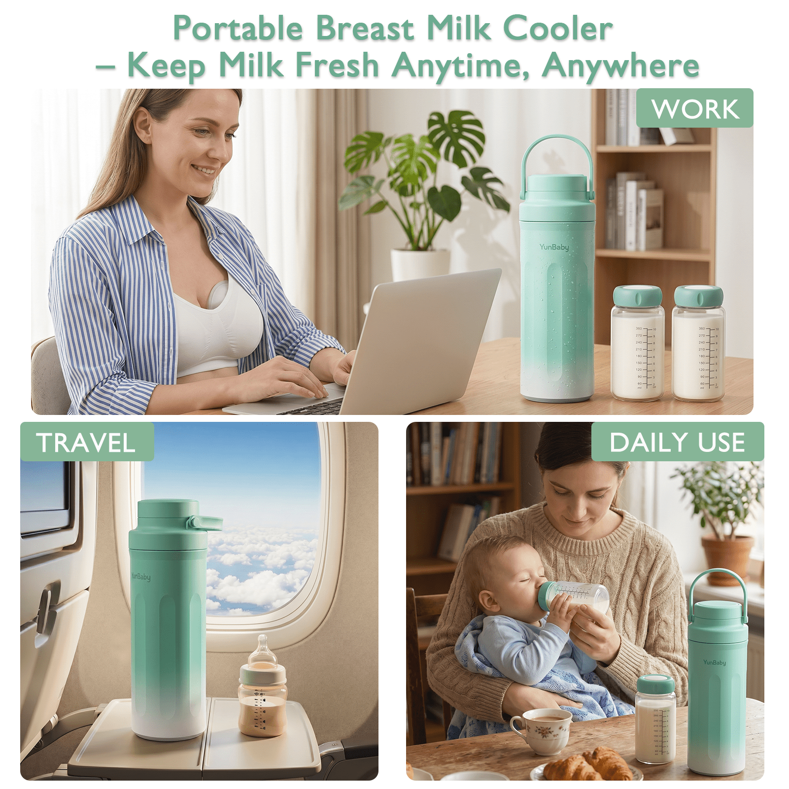 YunBaby 22oz Portable Breast Milk Cooler with Ice Pack, 30-Hour Cooling, Includes 2 Storage Bottles, Travel Essential, Green to White Gradient