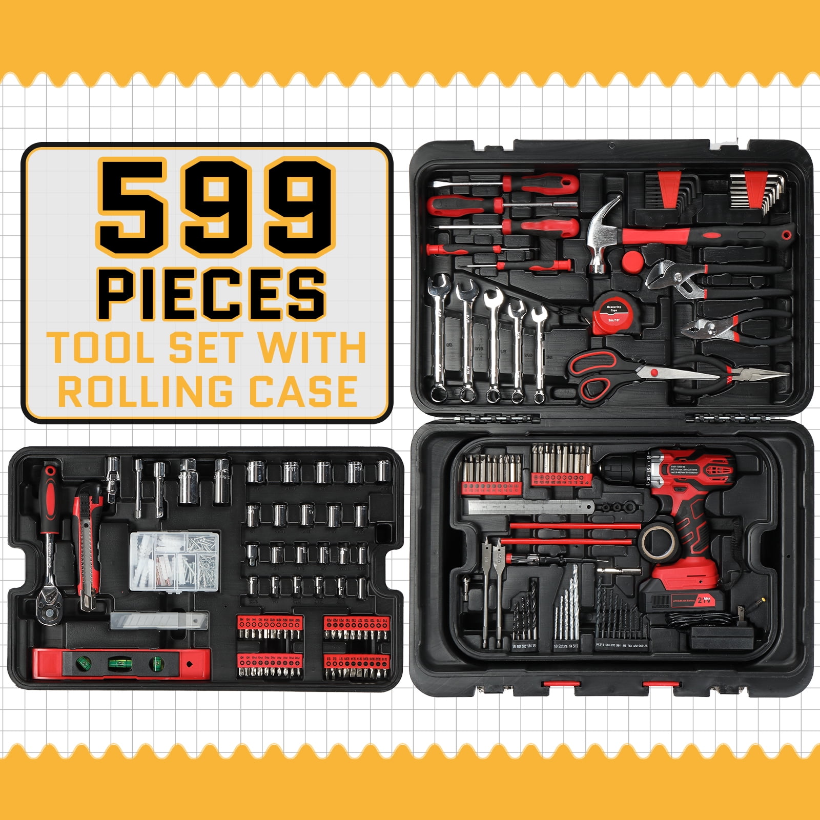 Ktaxon 599pcs Portable Tool Set With Rolling Tool Box, Home Auto Repair Tool Kit Mechanic Tool Set with 21V Max Cordless Power Drill