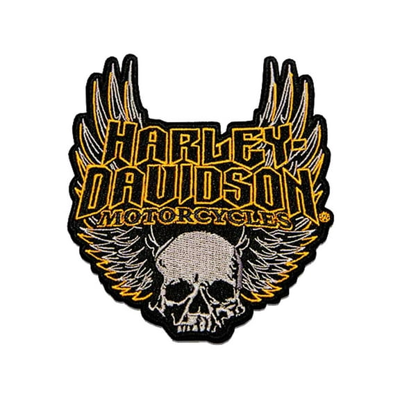 Harley-Davidson 4.5in. Woven Winged Skull Emblem Sew-On Patch - Black/Orange, Harley Davidson