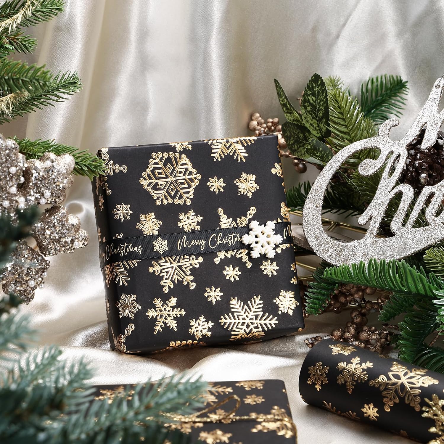 3D Kraft Christmas Wrapping Paper Roll - Mini Roll - 17 Inch x 16.5 Feet - Gold and Black Snowflake Wrapping Paper with Embossed Perfect for Christmas, Holiday, Party Celebration