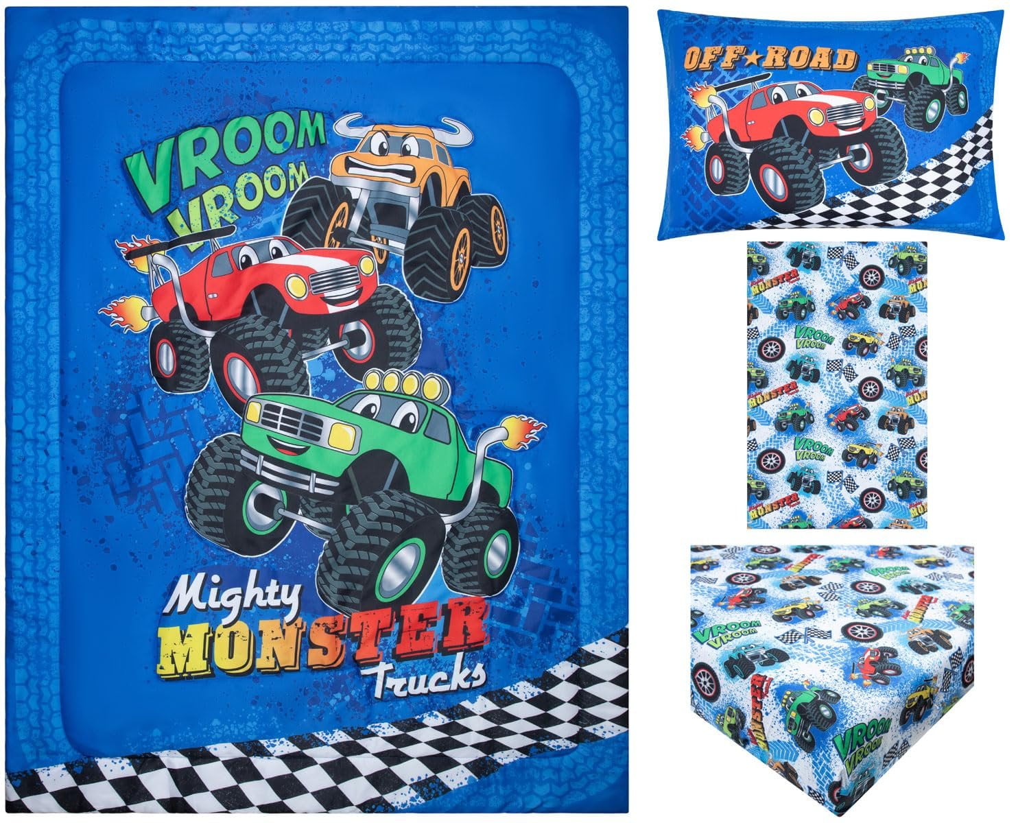 Todays Kids Monster Trucks Toddler Bedding Set for Boys - 4-Piece Toddler Bed Comforter Sets for Boys, Reversible Comforter & Pillowcase, Flat Sheet, Fitted Sheet, Breathable & Super Soft Microfiber