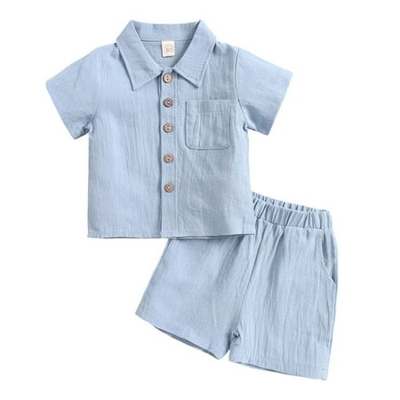 SGMVNU Boys 2 Piece Summer Vacation Outfits Short Sleeve Button Down Shirt and Shorts Set for Baby Toddler Kids Size 18-24 Months 2-Blue