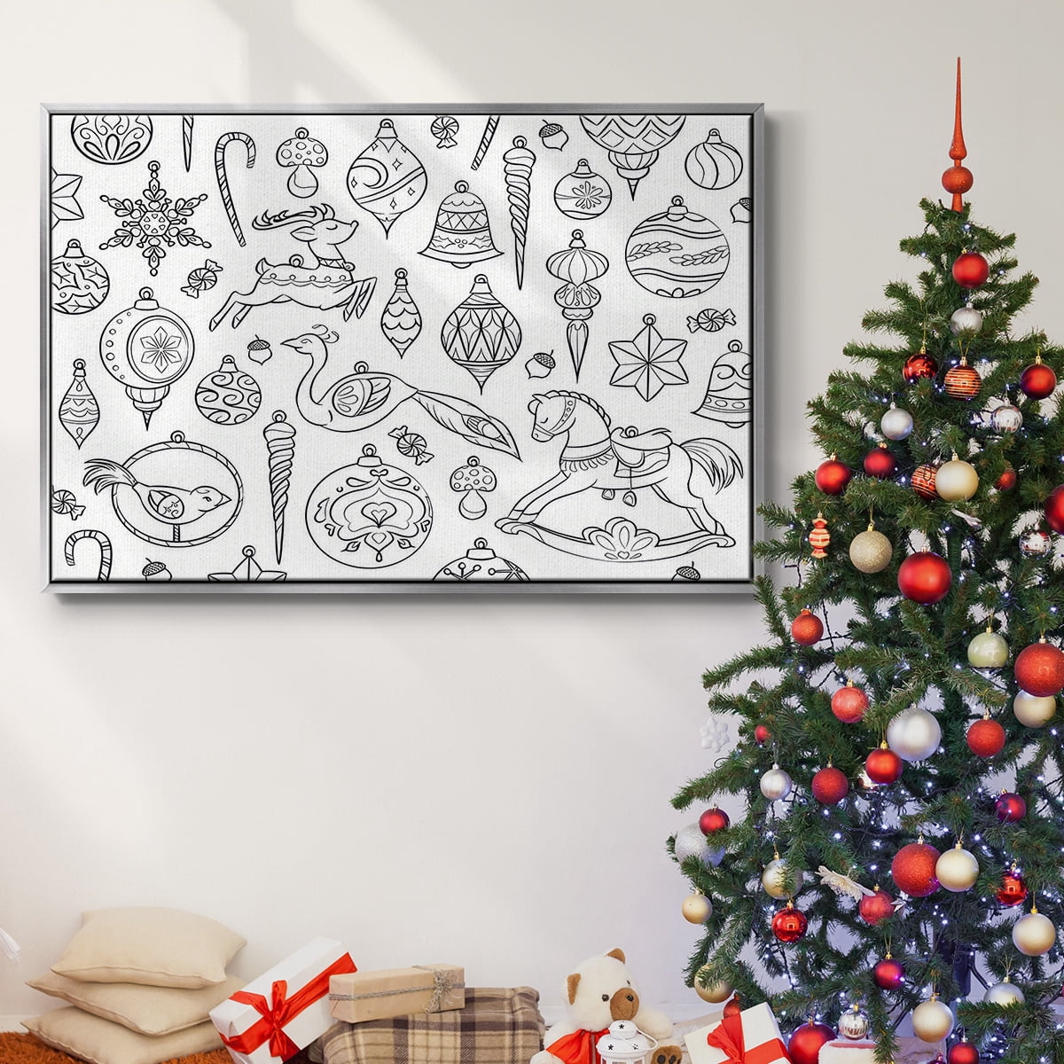 Vintage Ornaments - Framed Gallery Wrapped Holiday Canvas - 27 x 41 - Silver Frame