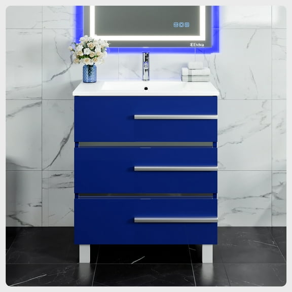 Eviva Deluxe 32"W x 18"D Blue Freestanding Bathroom Vanity with White Porcelain Integrated Sink