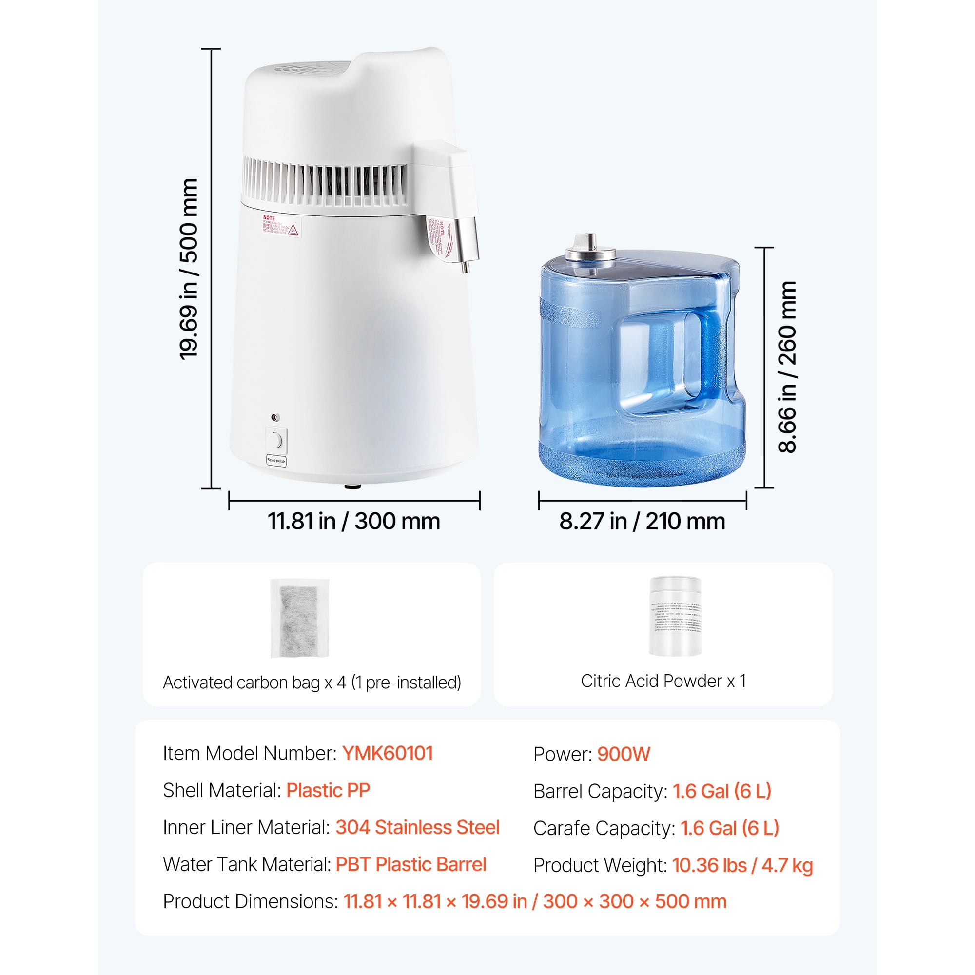 KFFKFF 6L 1.6 Gallon Water Distiller, Home Countertop Purifier with 900W Power, Plastic Exterior and Stainless Steel Interior for Clean Drinking Water, White