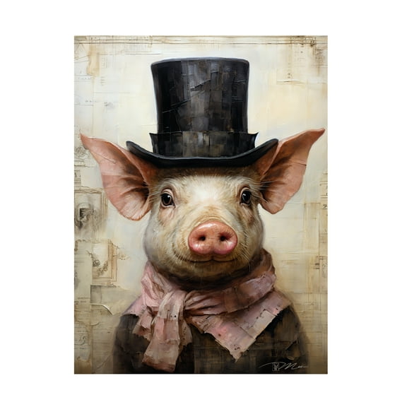 Canvas Wall Art - Momart 'Cute Pig With A Red Hat Baroque Style 1' Wall Art for Living Room, Bedroom, or Office Décor by Trademark Fine Art - 14 x 19 Inches