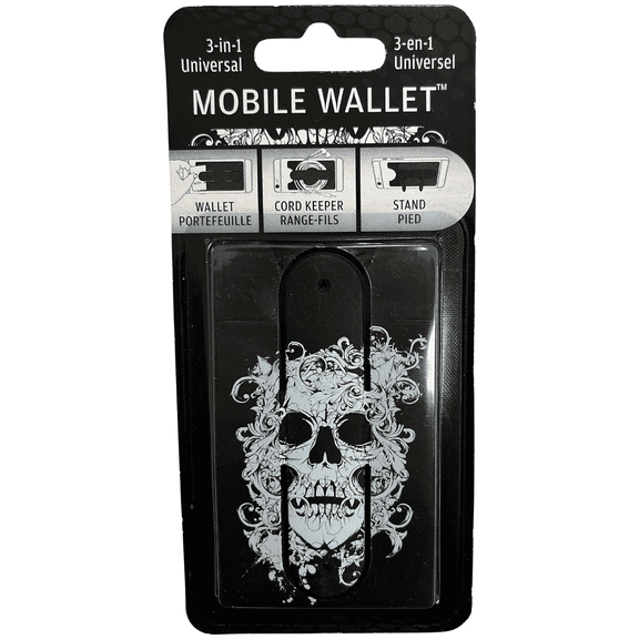 3 in 1 Skull Universal Mobile Wallet, Cord Keeper, Stand, Compact, Stylish Phone Accessory, Card Storage, Tangle Free Cord Management, Hands Free Viewing for Phones, Devices, Black, White