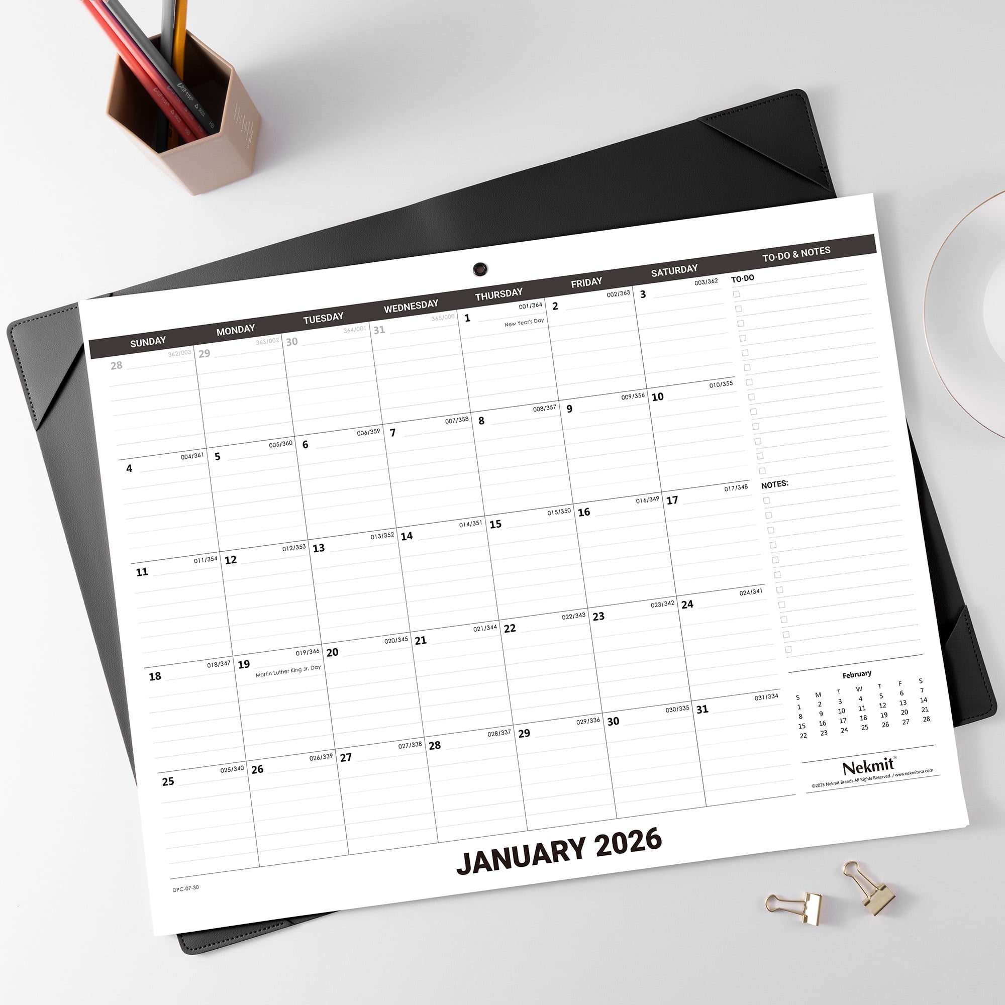 Nekmit Desk Calendar 2026-2027 with PU Desk Pad, 21" x 16 1/2", Black