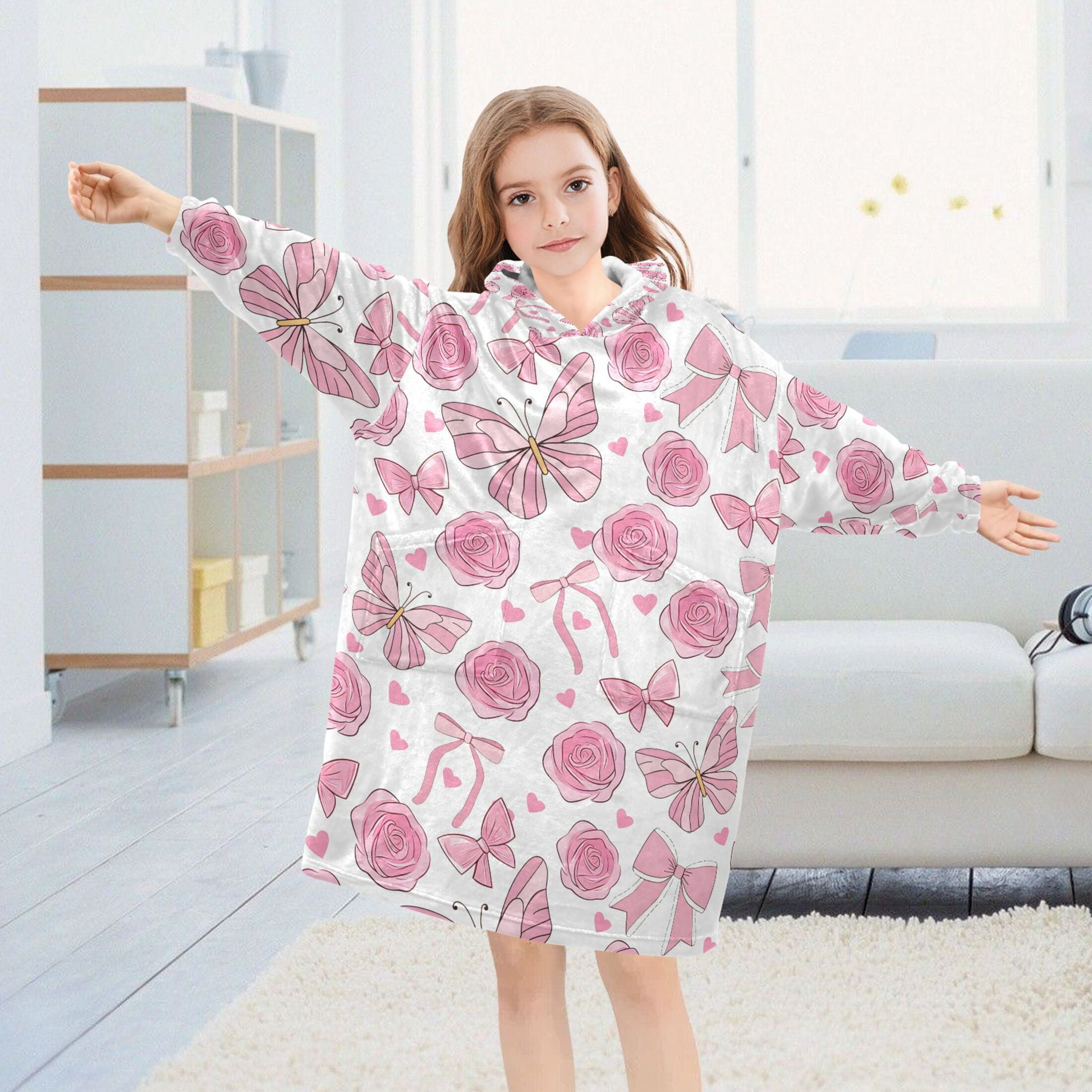 joogoo Blanket Hoodie for Butterflies Roses Bows Oversize Sweatshirt 3-14 YR L