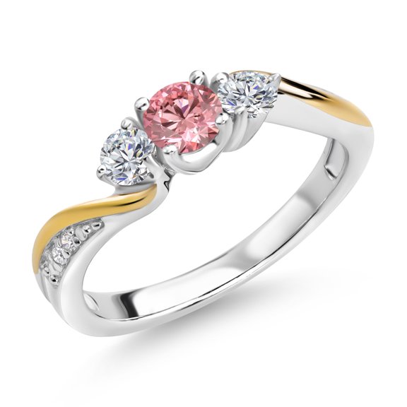Gem Stone King 925 Sterling Silver and 10K Yellow Gold Pink and White Lab Grown Diamond 3 Stone Engagement Ring for Women (0.48 Cttw, Gemstone April Birthstone, Size 8)