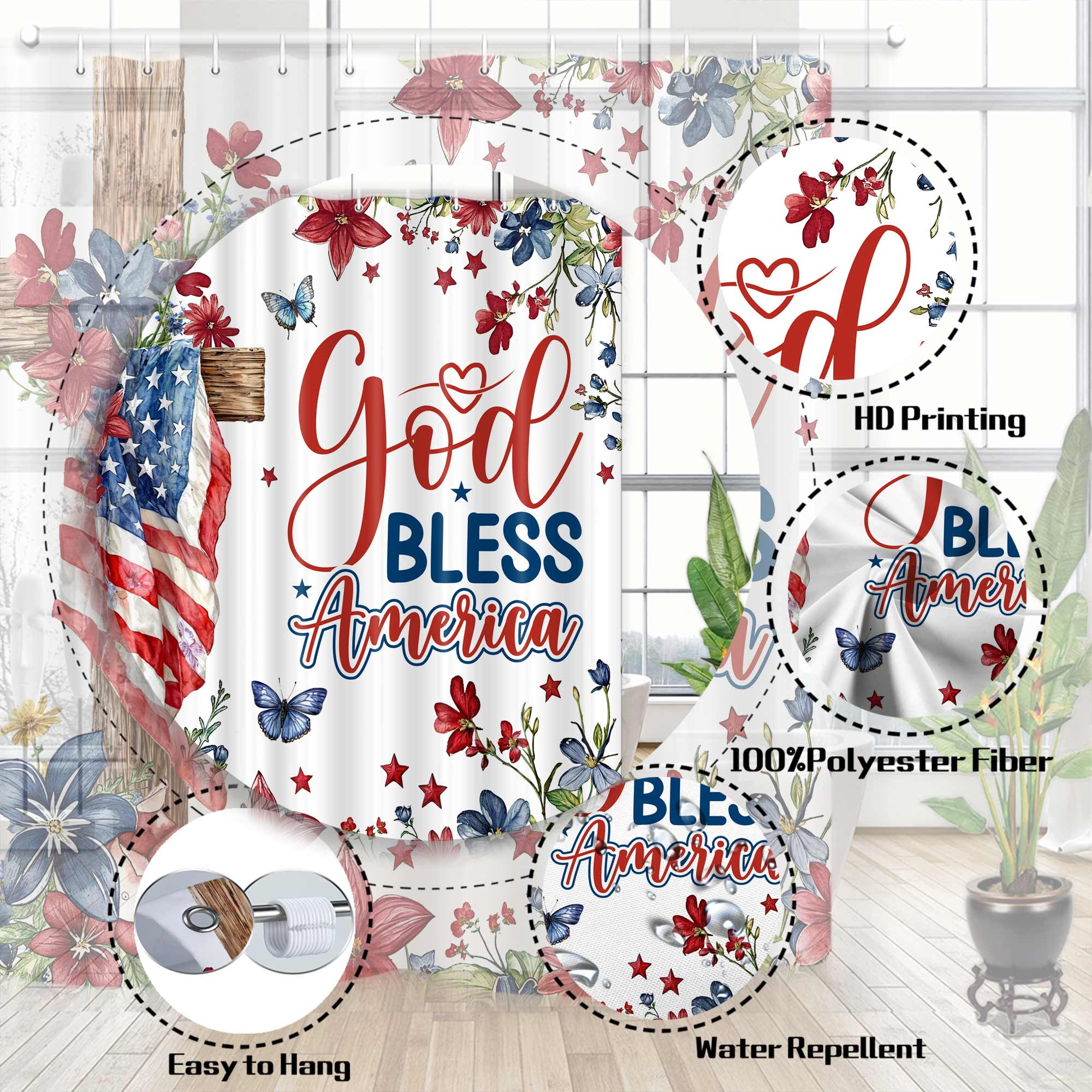 4th of July Shower Curtain, God Bless America Flower Cross Flag Star Patriotic Bathroom Curtains, Red Blue Independence Bathroom Waterproof Fabric Shower Curtains Set with Hooks, 47X64in