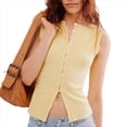 thumbnail image 2 of Camiseta Sin Mangas de Verano para Mujer, de Punto, con Cuello Redondo, Botones Delanteros y Canalé, Ajustada, Sin Mangas, Color Amarillo, Talla L, 2 of 9