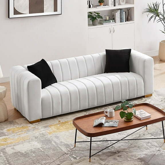 Kevinplus Modern Velvet Standard Round Handrails 3-Seater Sofa, White