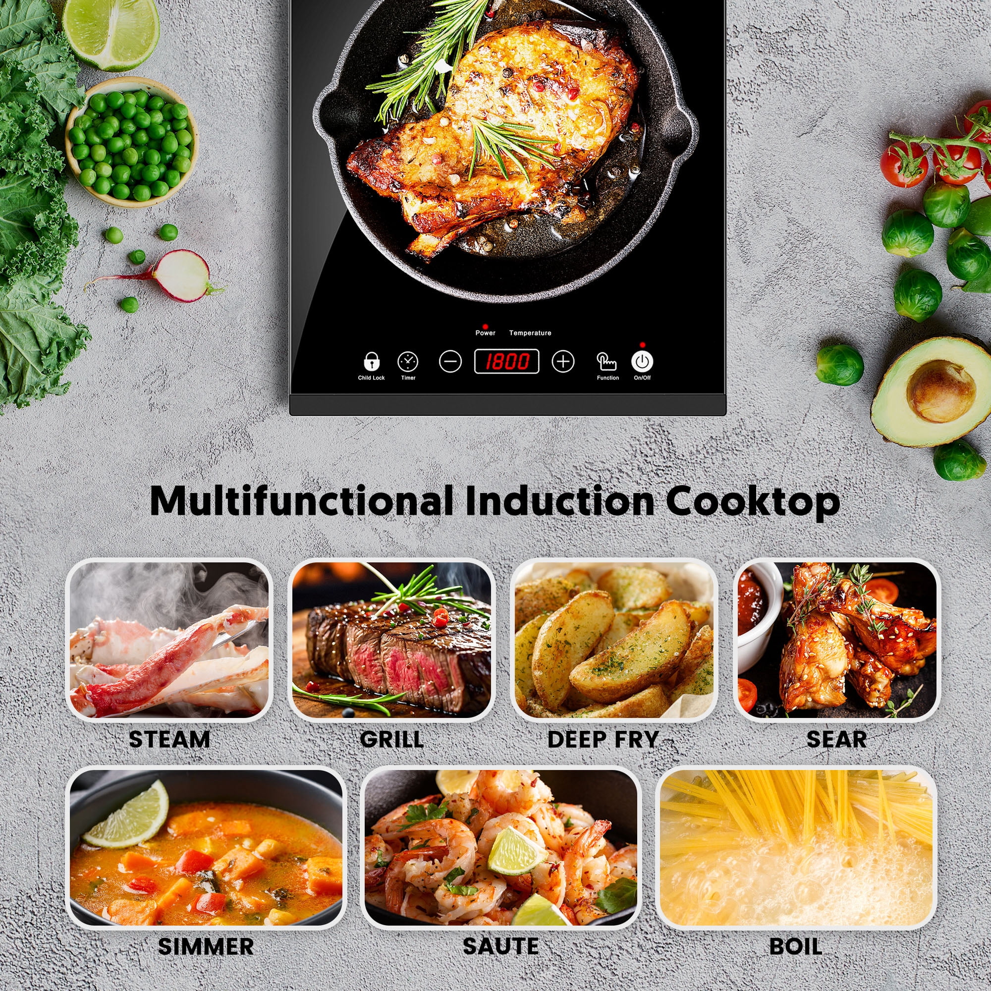 Portable Induction Cooktop, 1800W Sensor Touch Electric Induction Cooker Cooktop with Kids Safety Lock, Countertop Burner with Timer, 9 Power Levels Suitable for Iron, Stainless Steel Cookware