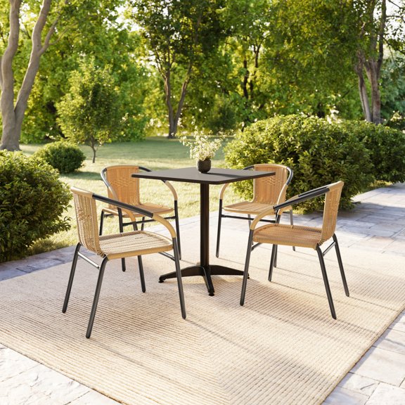 BizChair Set of 4 Commercial Grade Beige Rattan Indoor-Outdoor Restaurant Stack Chairs