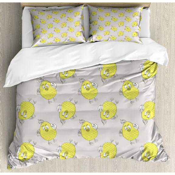 Grey and Yellow Duvet Cover Set, Sketchy Hand Drawn Design of Cartoon Owls Modern Hipster Style Image, Decorative 3 Piece Bedding Set with 2 Pillow Shams, Queen Size, Marigold and Teal, by Ambesonne