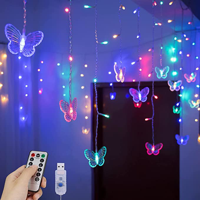 curtain lights wedding bedroom, 96 USB flash Christmas, and Fairy LED String party remote plug Lights light control courtyard, in with Butterfly with